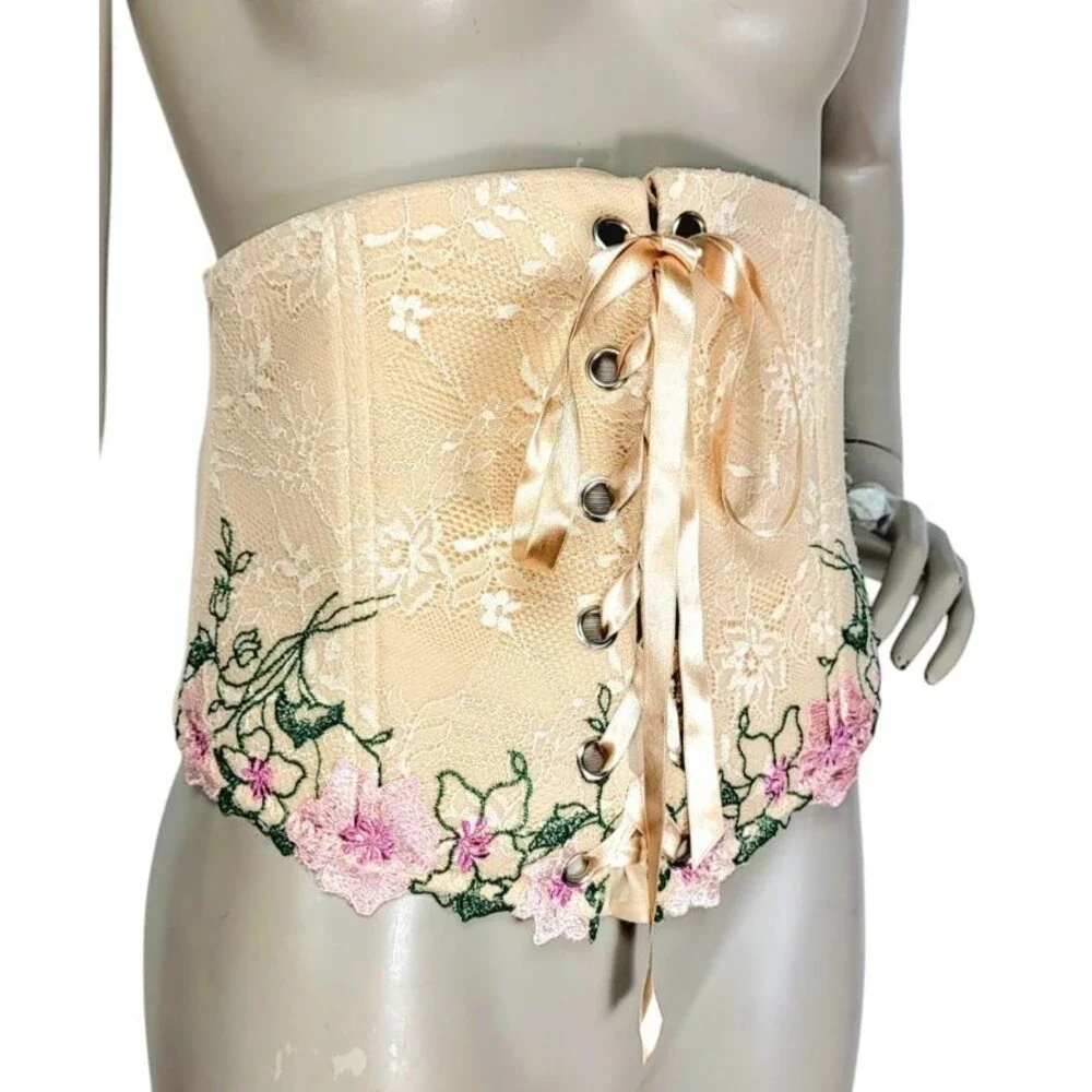 Cacique Renaissance Romantic Floral Lace Ribbon Lace-Up Waist Corset Belt 14/16